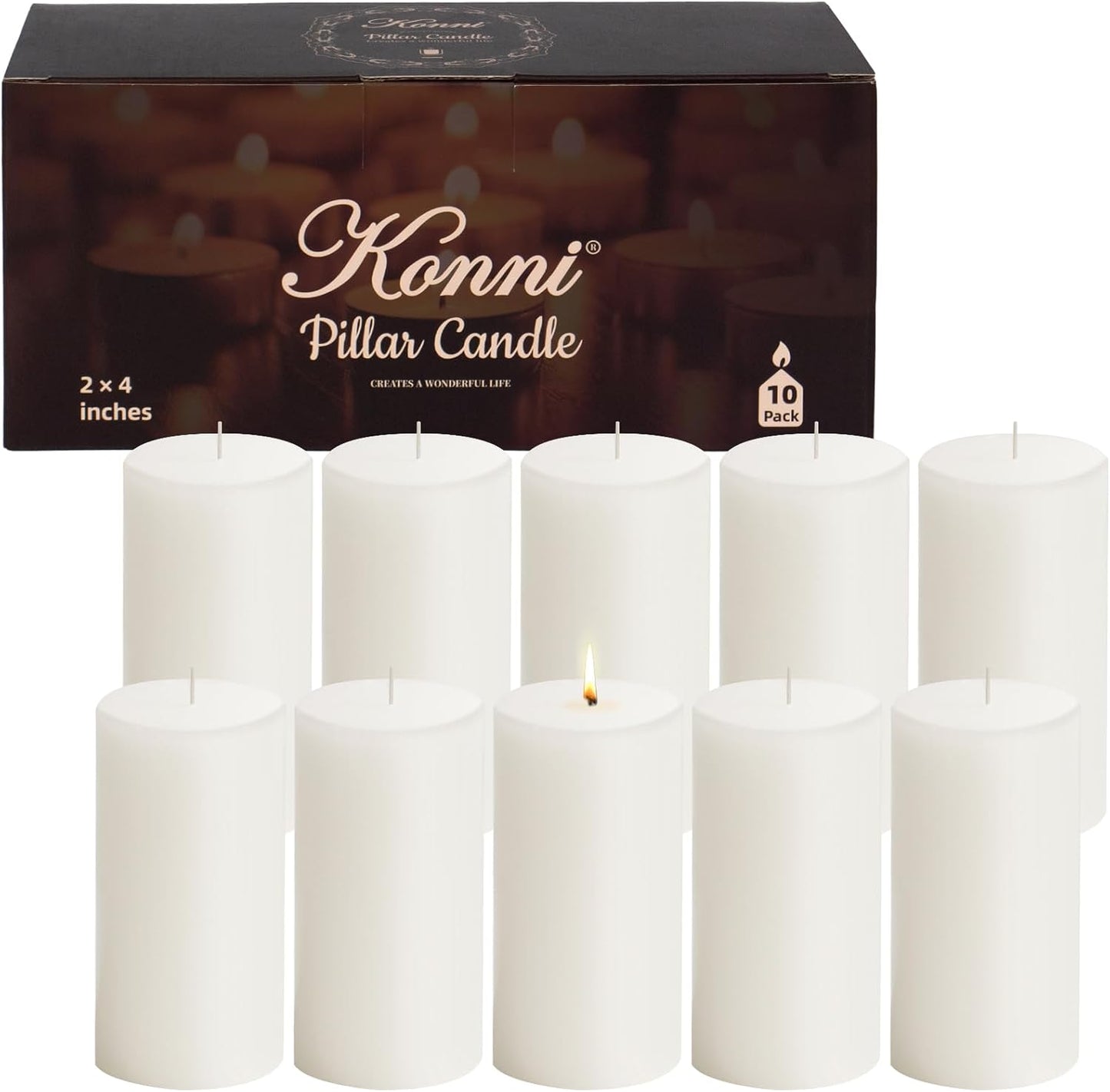 KONNI White Pillar Candles Set of 10, 2"x 4" Unscented Pillar Candles Bulk, 20 Hours Long Burning Candles, Smokeless&Dripless Large Round Candle for Wedding, Home Decoration, Parties, Spas, Dinner