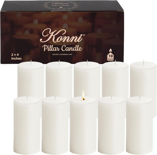 KONNI White Pillar Candles Set of 10, 2"x 4" Unscented Pillar Candles Bulk, 20 Hours Long Burning Candles, Smokeless&Dripless Large Round Candle for Wedding, Home Decoration, Parties, Spas, Dinner