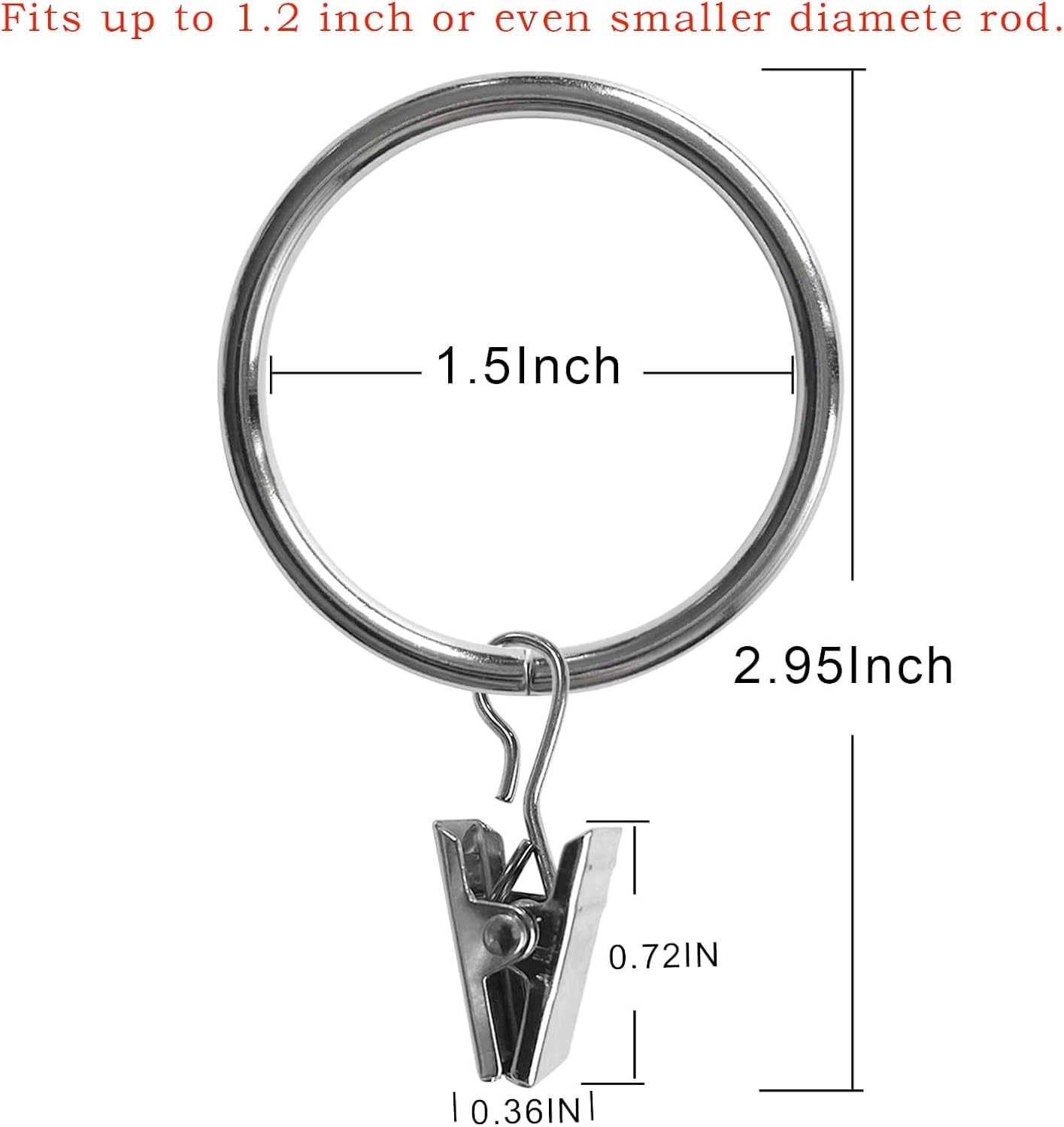 100 Pack Metal Curtain Rings with Clips, Drapery Clips Hooks, Decorative Curtain Rod Clips 1.5 in Interior Diameter, Silver