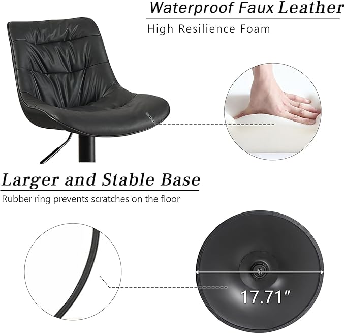 Kidol & Shellder Bar Stools Set of 2 Adjustable Swivel Black, PU Leather Upholstered with Back, Modern Counter Height Stools for Kitchen Island, Home Bar