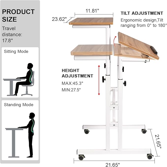 Hadulcet Mobile Standing Desk with Charging Station, Adjustable Standing Computer Desk, Standing Adjustable Laptop Cart with Wheels for Home Office Classroom Vintage Oak