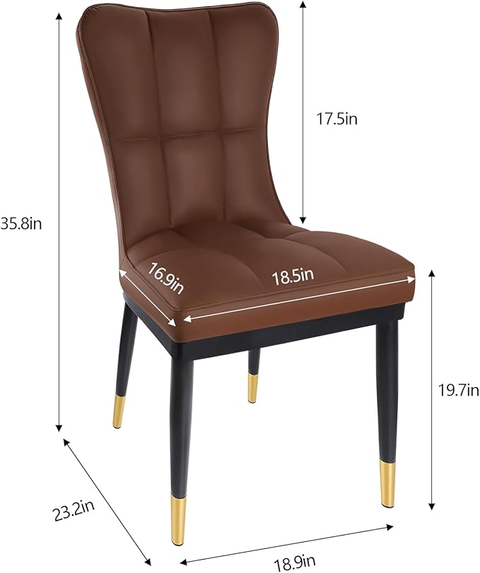 High-Back Faux Leather Dining Chairs Set of 2, Modern Sturdy Upholstered Accent Side Chair Deep Sponge Padded Seat with Metal Legs for Kitchen Dining Living Room Bedroom (Brown)