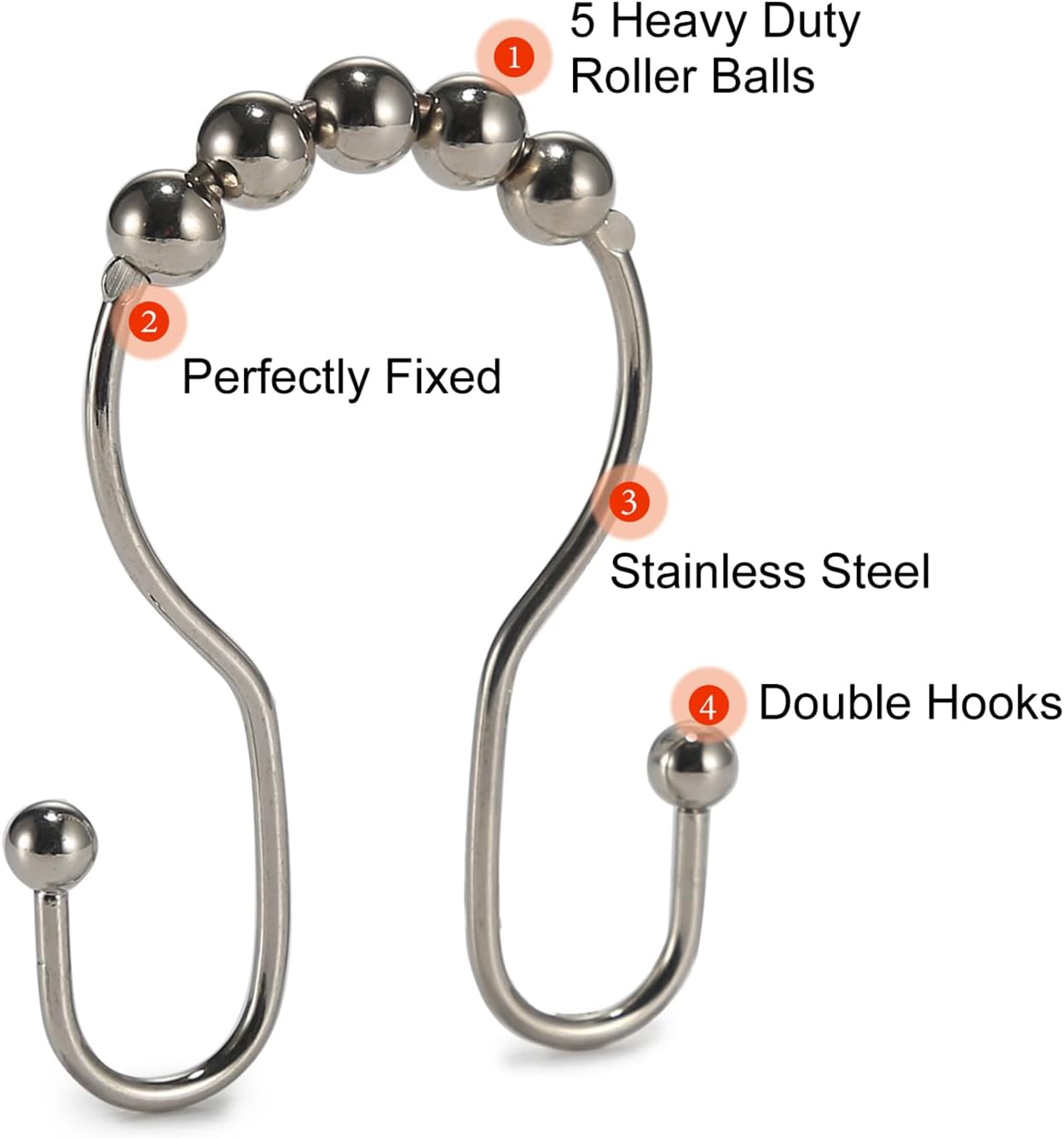 Goowin Shower Curtain Hooks, 12 Pcs Shower Curtain Rings, Stainless Steel Brush Nickel Shower Curtain Hooks Rings Rust Proof, Smooth Sliding Anti-Drop Double Shower Hooks for Shower Curtain (Nickel)