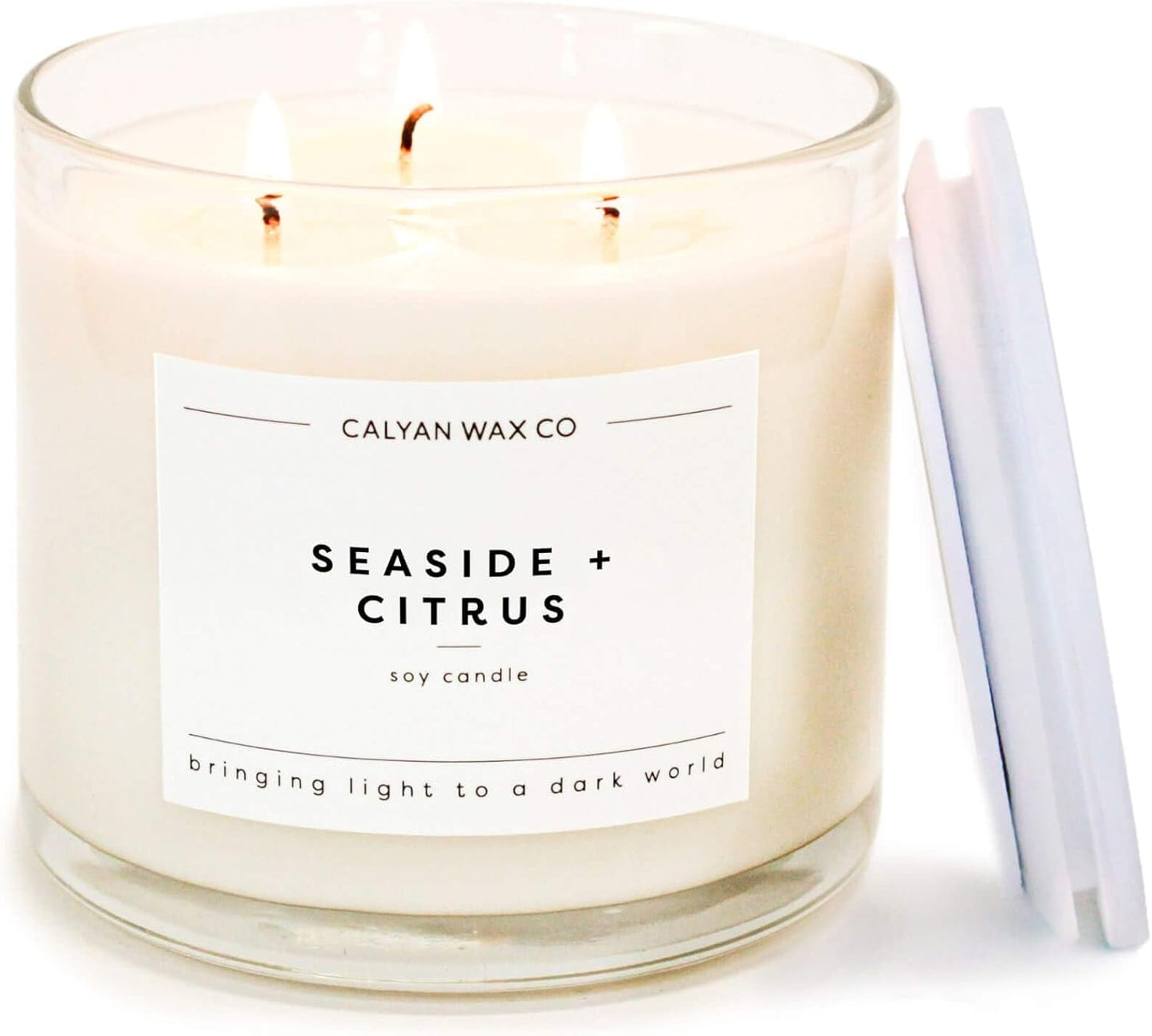 Calyan Wax Co. 3 Wick Candle, Seaside + Citrus Scented Candle, 43 Hour Burn Time, 3 Wick Soy Candles, Non Toxic & Vegan Soy Wax, Glass Jar Scented Candles, 14.9oz