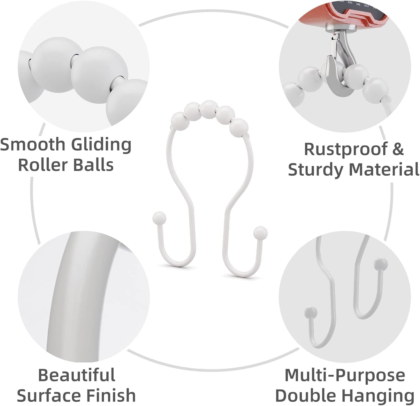 White Shower Curtain Hooks and Rings - Rust Proof, Smooth Glide, Double Hooks, 12 Pcs