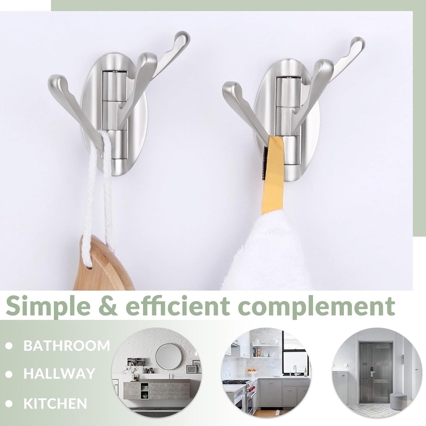 APLusee Swivel Brushed Nickel Robe Hook 2 PCS, Metal Foldable Towel Holder with Triple Rotating Arms, Heavy Duty Bathroom Kitchen Coat Hanger Wall Mounted