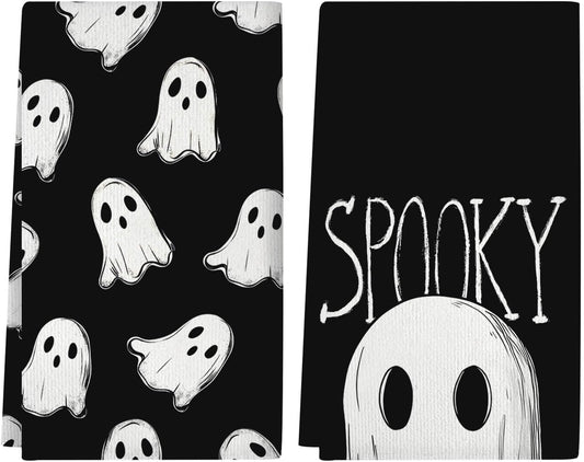 Halloween Kitchen Towels, Black White Spooky Ghost Dish Towels, Hand Towels Holiday Home Indoor Bathroom Party Seasonal Decorations Set of 2, 18x26 Inch