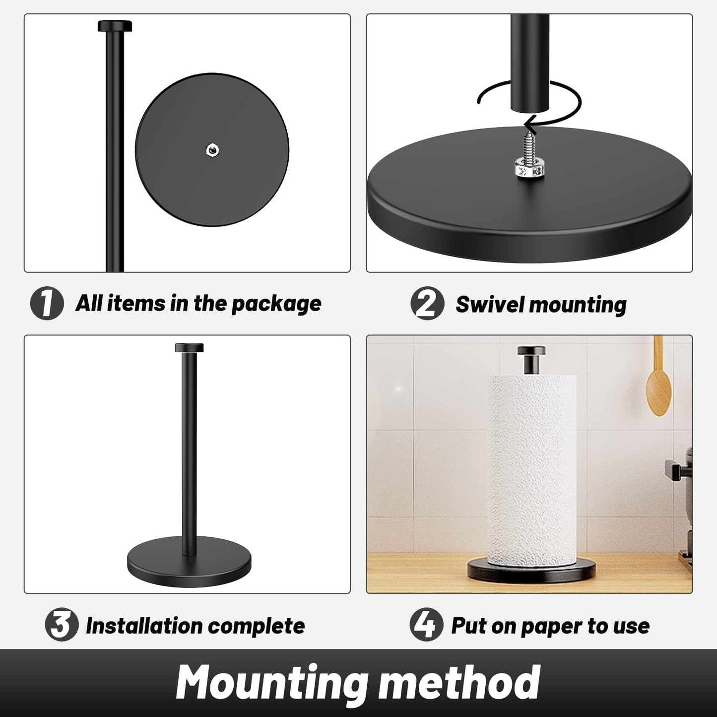 VEHHE Black Paper Towel Holder Countertop, Stainless Steel Paper Towel Holder Stand with Weighted Base Suction Cups for Kitchen Bathroom