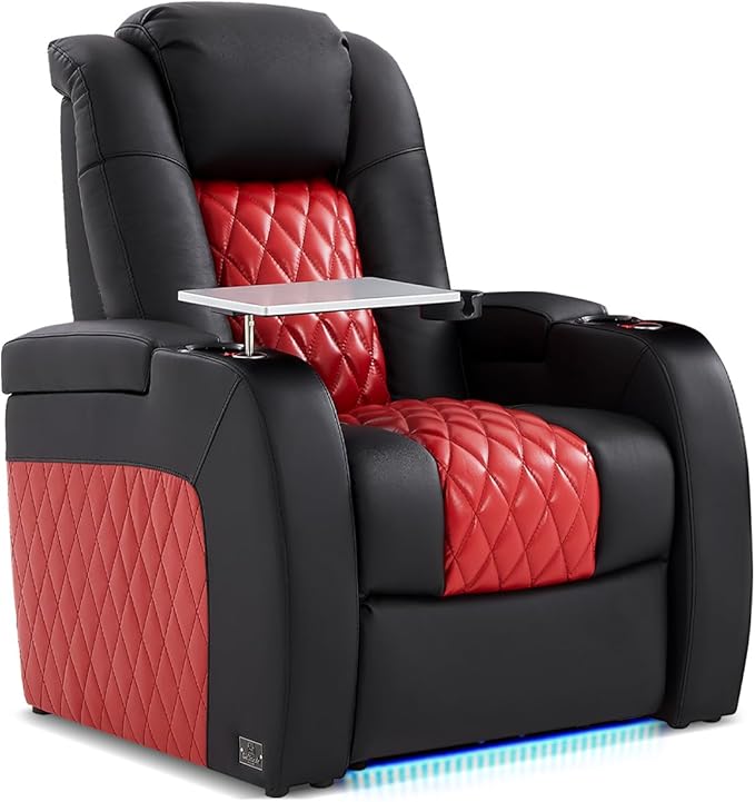 Home Theater Seating, Top Grain Leather Movie Seats Recliner Chair, Zero Gravity Reclining Gaming Sofa with Power Headrest 7 Colors Ambient Lighting Single Seat Black Dark Red