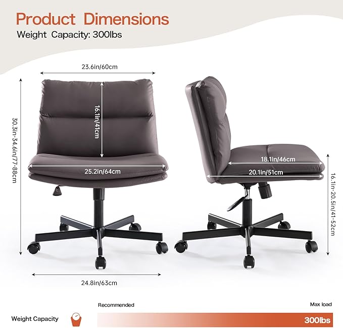 EMIAH Armless Office Desk Chairs with Wheels Criss Cross Chair PU-Leather Mid-Back Ergonomic Home Office Computer Comfortable Thickened Cushion Adjustable Swivel Chair-Chocolate Brown