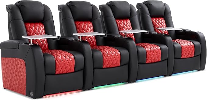 Home Theater Seating, Top Grain Leather Movie Seats Recliner Chair, Zero Gravity Reclining Gaming Sofa with Power Headrest 7 Colors Ambient Lighting 4 Seats Black Dark Red