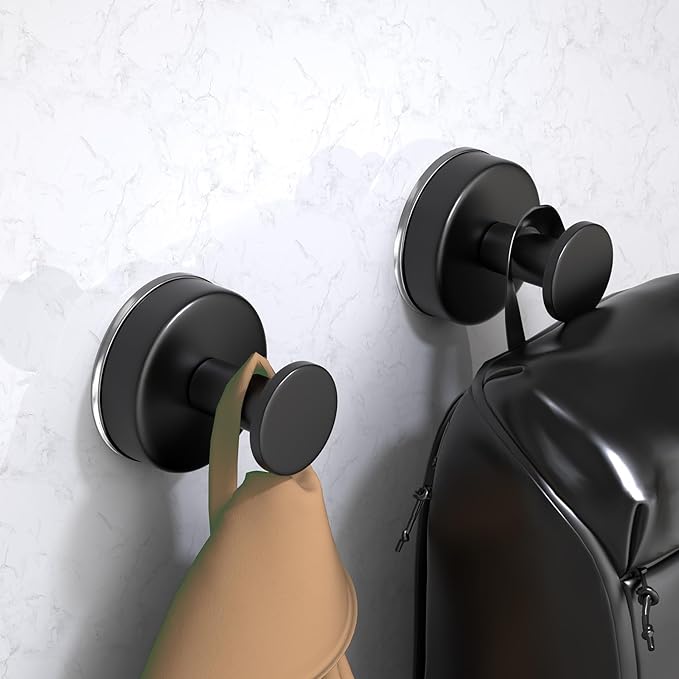 Suction Cup Hooks for Shower, Towel Hooks for Hanging Towels, Robes, Bath Balls, Stainless Steel Shower Hooks for Bathroom Wall, Glass Door, Kitchen, Mirror, Tile (2 Pack，Black)