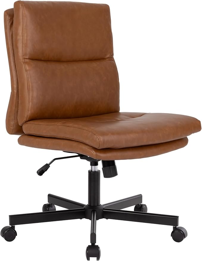 LUCKWIND Armless Office Desk Chair with Wheels, Mid-Back Criss Cross Swivel Task Chair, Height Adjustable Cushioned Vanity Chair, Double Padded PU-Leather Chairs for Home, Office & Bedroom (Brown)
