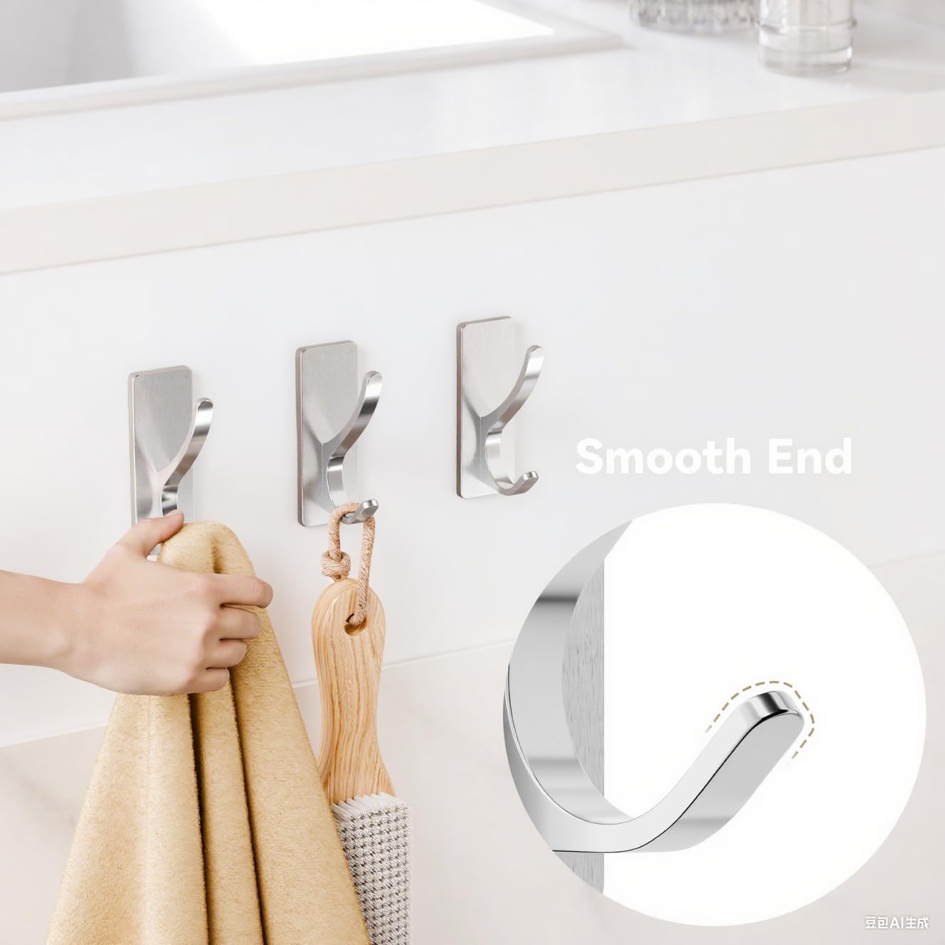 Self Adhesive Coat Hooks for Hanging: Heavy Duty Stainless Wall Hook for Towel, Backpack, Hat, Sturdy Metal Hanger for Bathroom, Bedroom, Door, Brushed Nickel 4 Pack