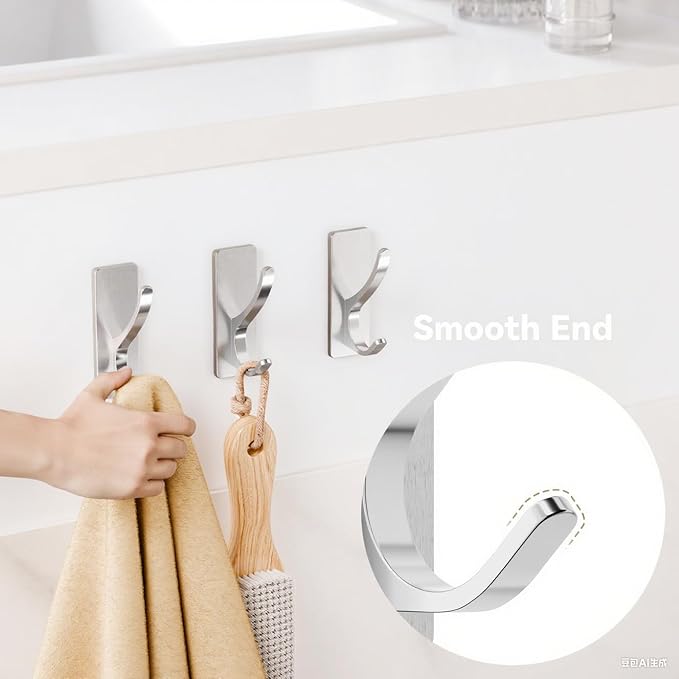 Self Adhesive Coat Hooks for Hanging: Heavy Duty Stainless Wall Hook for Towel, Backpack, Hat, Sturdy Metal Hanger for Bathroom, Bedroom, Door, Brushed Nickel, 6-Pack