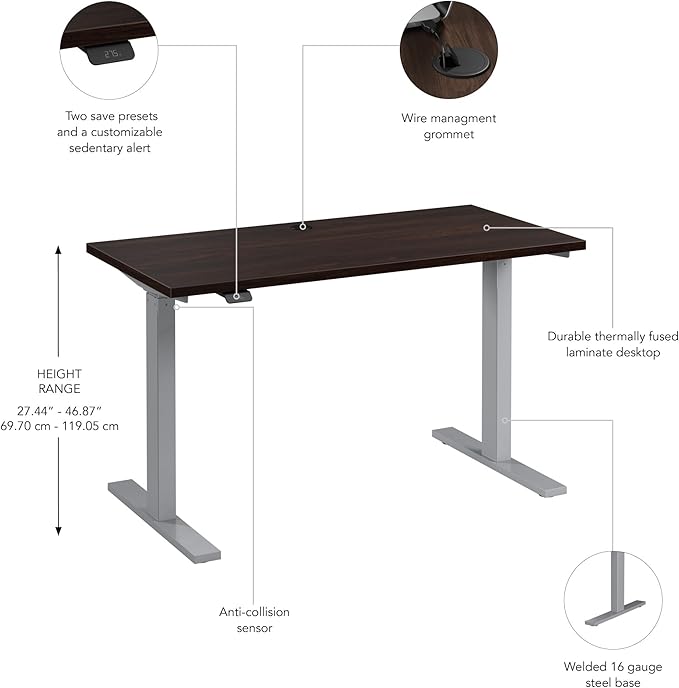 Bush Business Furniture 48-inch Electric Height Adjustable Standing Desk, Ergonomic Sit-Stand Computer Table for Home and Professional Office, Move 60 Series, Black Walnut with Metallic Gray Base