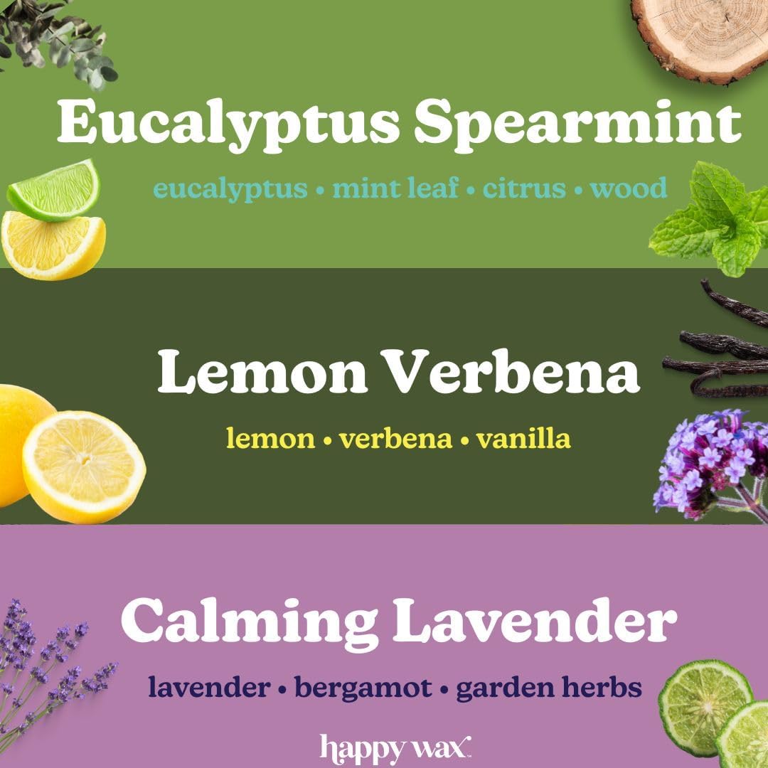 Happy Wax Clean Mix Collection Scented Natural Soy Wax Melts – 6 Total Oz. of Scented Wax Melts, Collection Includes Eucalyptus Spearmint, Lemon Verbena, and Calming Lavender