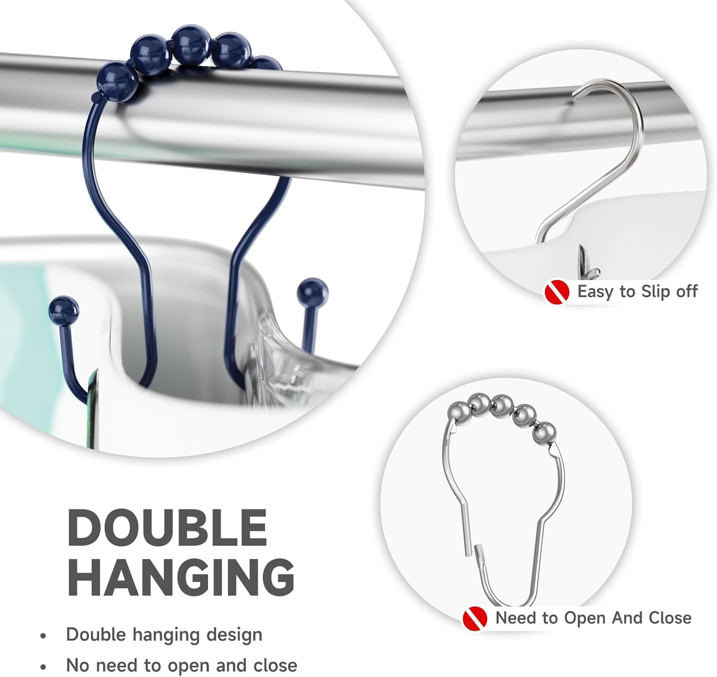 Shower Curtain Hooks, Shower Curtain Rings Rust Proof Navy Blue Double Hook Shower Curtain Hooks, 12 Pcs Shower Hooks for Shower Curtain, Shower Rings for Curtain, Metal Shower Rod Hooks