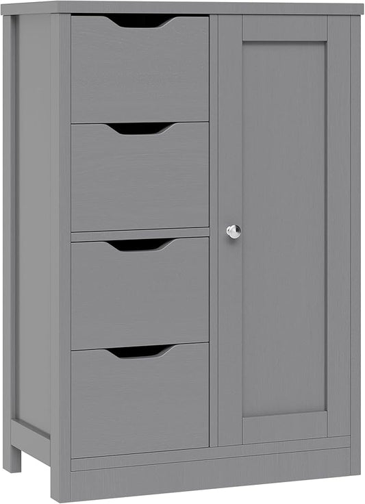 Vongrasig Bathroom Floor Storage Cabinet, Wooden Storage Organizer with 4 Drawers and 1 Door, Freestanding Pantry Cabinet with Adjustable Shelves for Bathroom, Living Room, Kitchen, Entryway, Grey