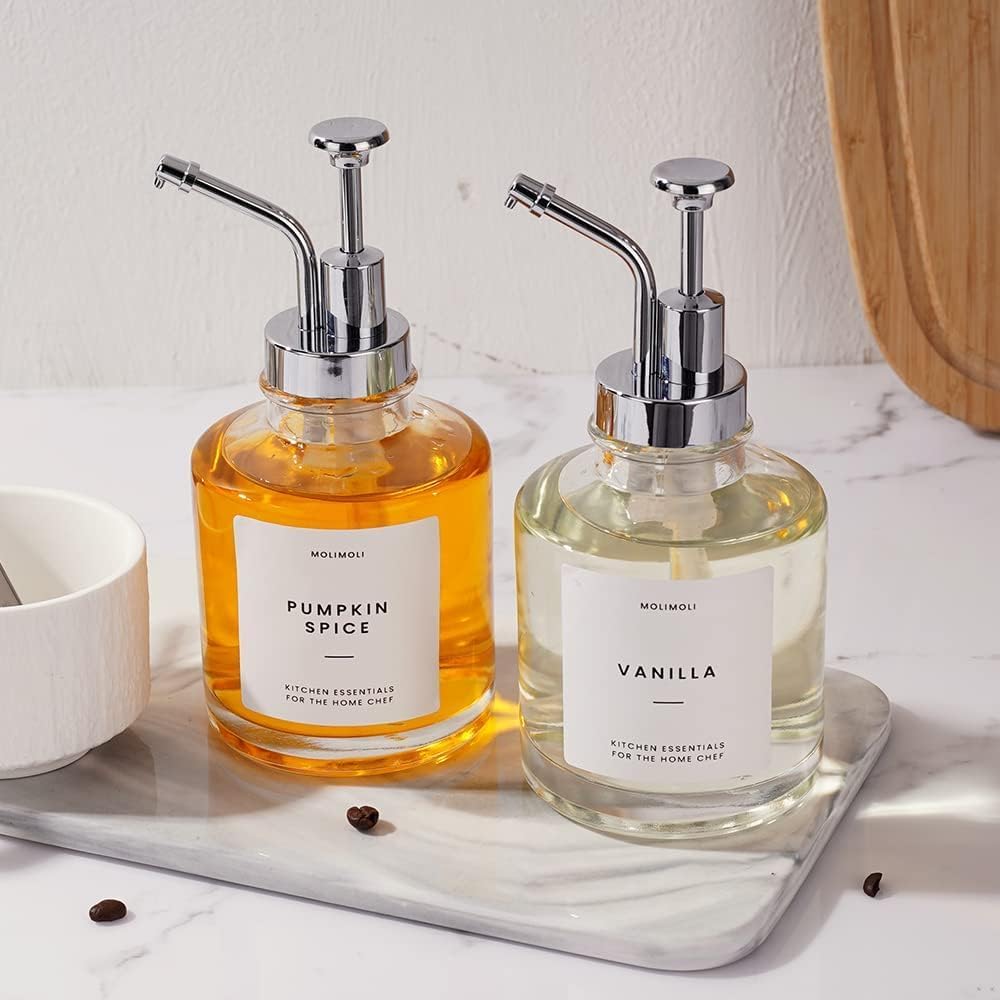 Molimoli (Upgraded Pump) Coffee Syrup Dispenser for Coffee Bar, Coffee Pump Dispenser, Glass Syrup Bottle w. Pump, 11.8 oz 350 ml, Set of 2, Silver