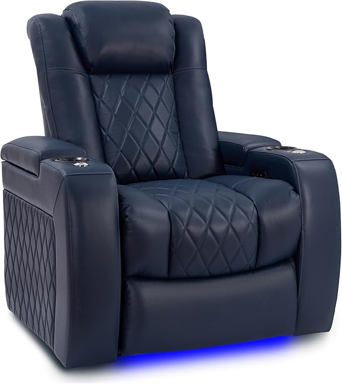 Valencia Tuscany Home Theater Seating | Premium Top Grain Italian Nappa 11000 Leather Power Recliner with Power Lumbar Support & Headrest (Single Recliner, Navy Blue)