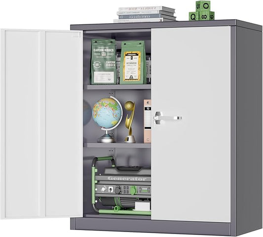 SUNCROWN Metal Storage Cabinets, 36”Locking Cabinet with Doors and Adjustable Shelves, Steel Utility Tool Garage Cabinets for Home, Office, Kitchen,Warehouse （Grey & White）