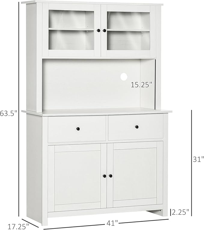 HOMCOM 63.5" Kitchen Buffet with Hutch, Pantry Storage Cabinet with 4 Shelves, Drawers, Framed Glass Doors, Open Microwave Countertop, Antique White