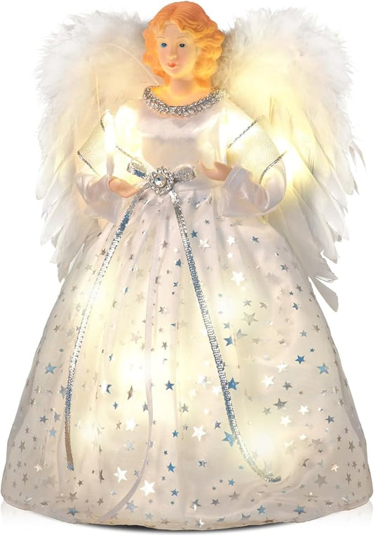 Angel Christmas Tree Topper with Light, Lighted Tree Toppers Christmas Decorations, Elegant and Durable, Perfect for Holiday Home Decor and Gifts, White, WOKEISE
