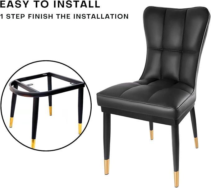 High-Back Faux Leather Dining Chairs Set of 2, Modern Sturdy Upholstered Accent Side Chair Deep Sponge Padded Seat with Metal Legs for Kitchen Dining Living Room Bedroom (Black)