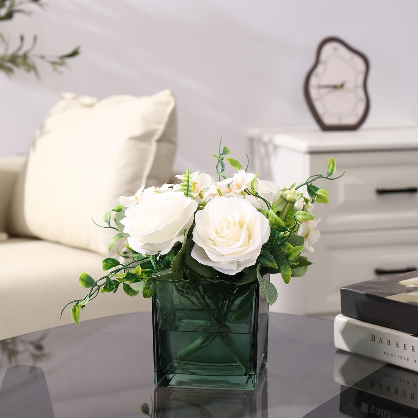 Square Glass Vases Set of 4, 4"x 4"x 4" Flower Vases for Centerpieces, Green Glass Vase for Flowers, Small Vase for Wedding, Party, Home Office Decoration