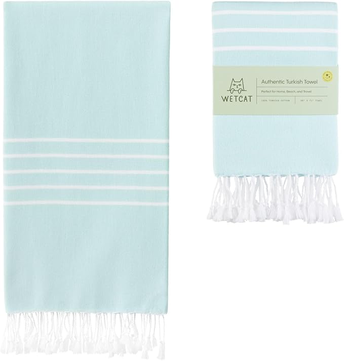 WETCAT Turkish Beach Towel Oversized (38"x71") 100% Turkish Cotton, Made in Turkey - Sand Free, Extra Large, Ultra Soft, Quick Drying, Compact & Lightweight for Travel - Aquamarine