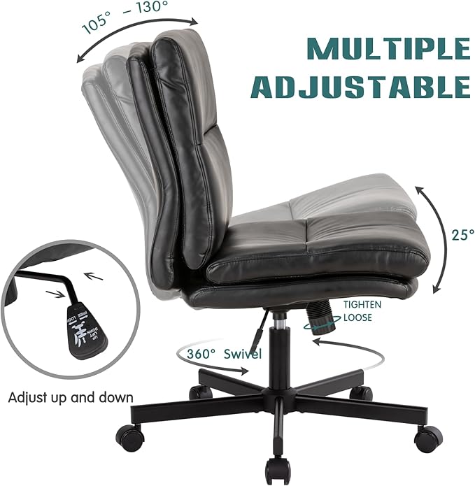 LUCKWIND Armless Office Desk Chair with Wheels, Mid-Back Criss Cross Swivel Task Chair, Height Adjustable Cushioned Vanity Chair, Double Padded PU-Leather Chairs for Home, Office & Bedroom (Black)