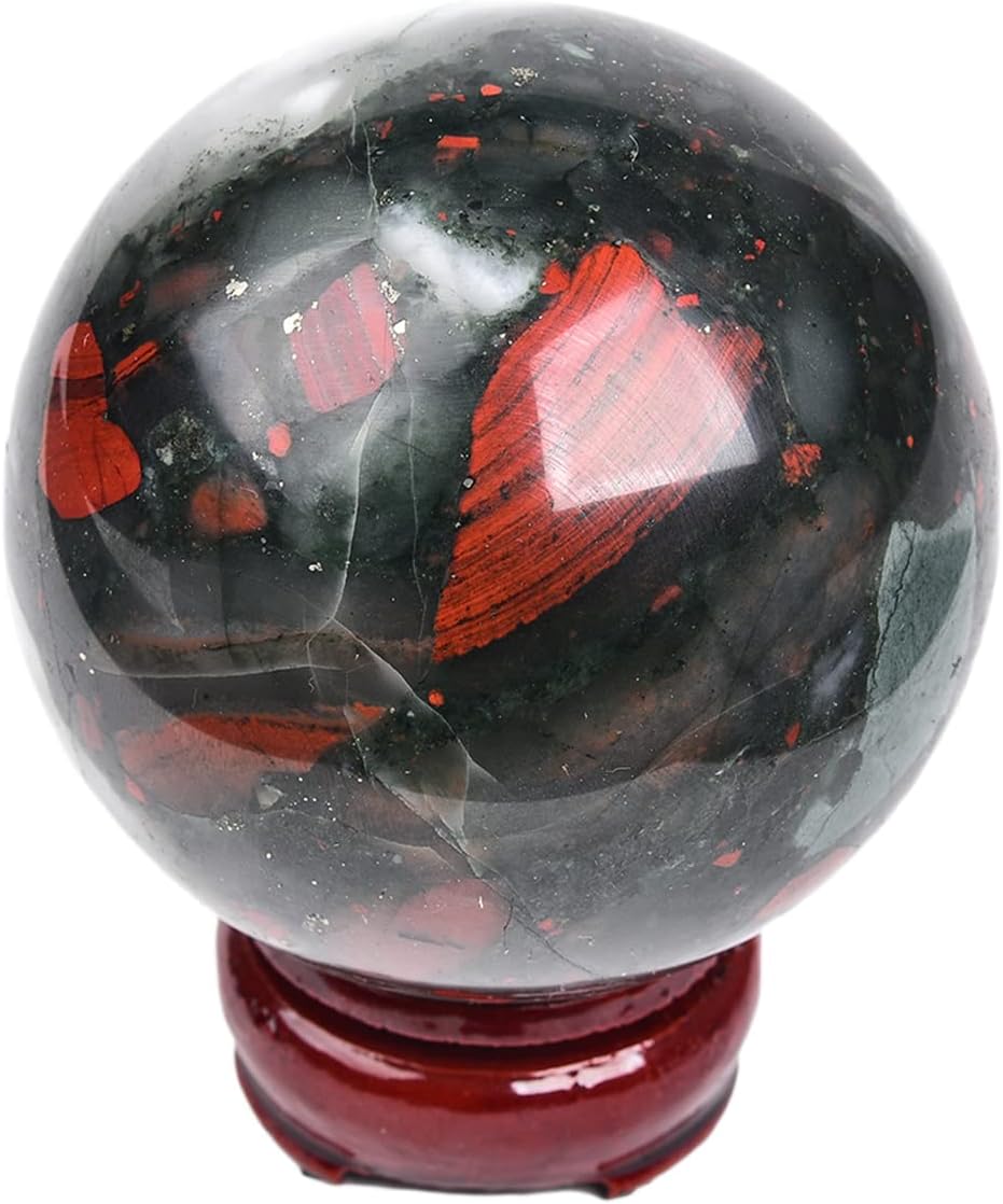 JIC Gem African Bloodstone Crystal Ball Natural Quartz Crystal Sphere Stone Ball with Wooden Base (70-80mm)