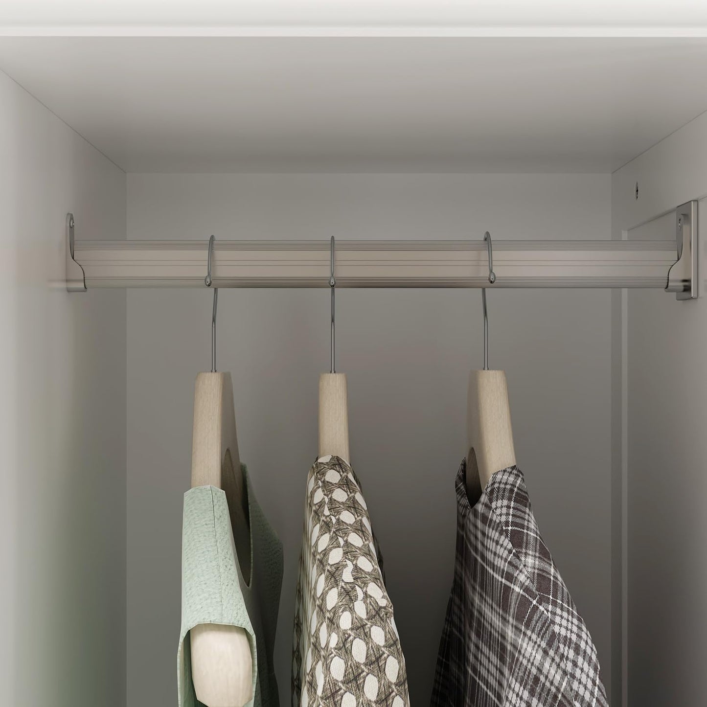 Hitow 2-Door Wardrobe Cabinet with Hanging Rod, Drawers and Shelves, Modern Free Standing Wood Storage Closet with Carved Lines and Sliver Knobs for Bedroom, White, 31.5”W x 19.1”D x 70.9”H