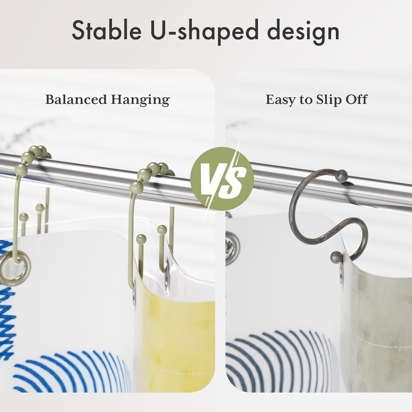 AmazerBath Sage Green Shower Curtain Hooks - Rust Proof Non-Slip Double Hooks for Curtains, Sturdy Metal Rings 12Pcs