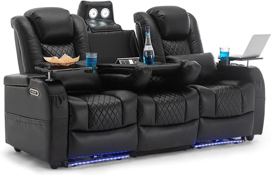 Home Theater Seating Seats, Movie Theater Chairs Theater Recliner with 7 Colors Ambient Lighting, Lumbar Pillow, Touch Reading Lights, Tray Table (Black, Row of 3)