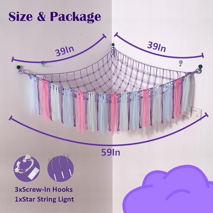 Stuffed Animal Toys Hammock with LED Light, Stuffed Doll Hanging Corner Holder for Home Storage, Large Hanging Net -Display Teddies for Bedroom, Purple Decor Organizer