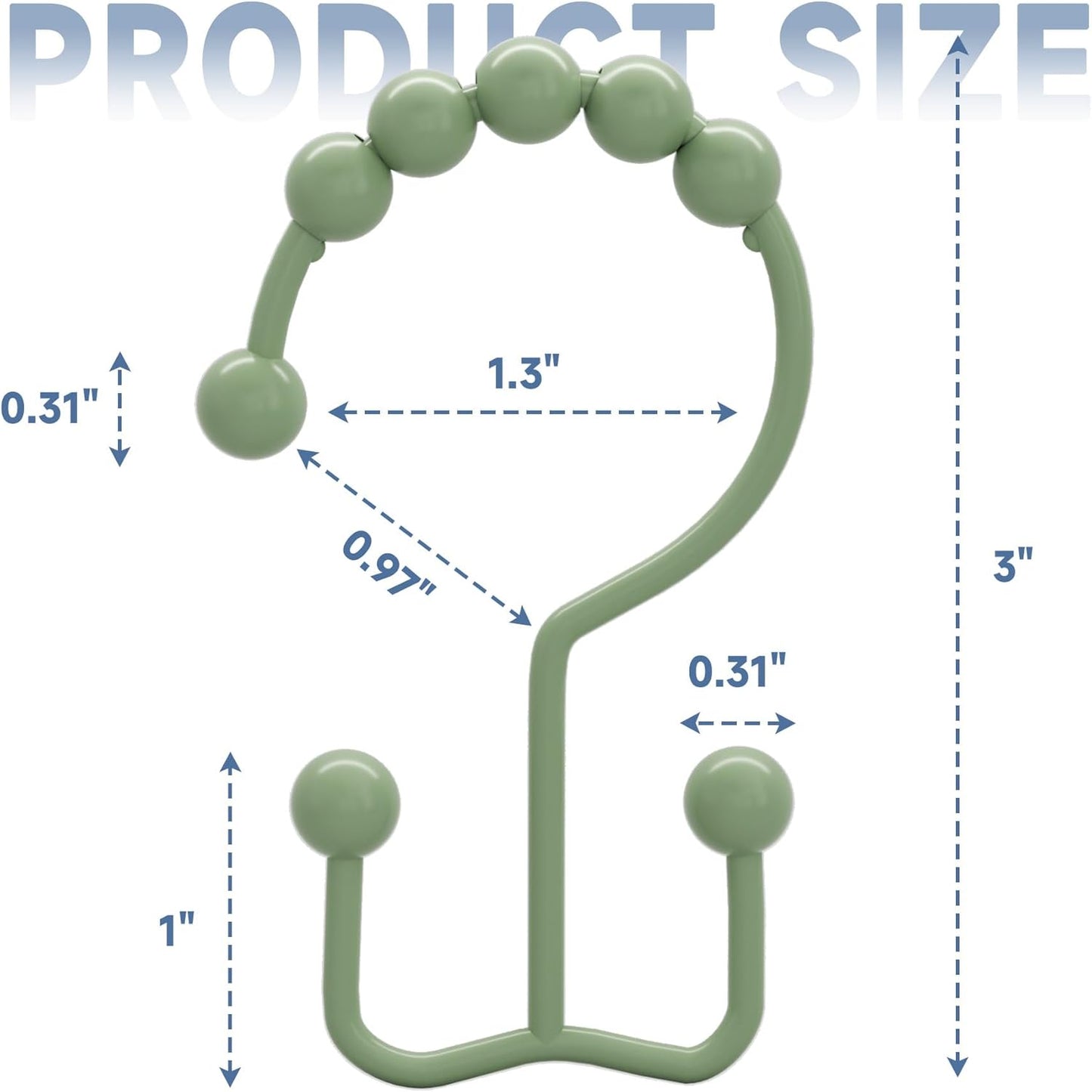 Titanker Shower Curtain Hooks Rings, Rust-Resistant Metal Double Glide Shower Hooks for Bathroom Shower Rods Curtains, Set of 12 Hooks - Sage Green