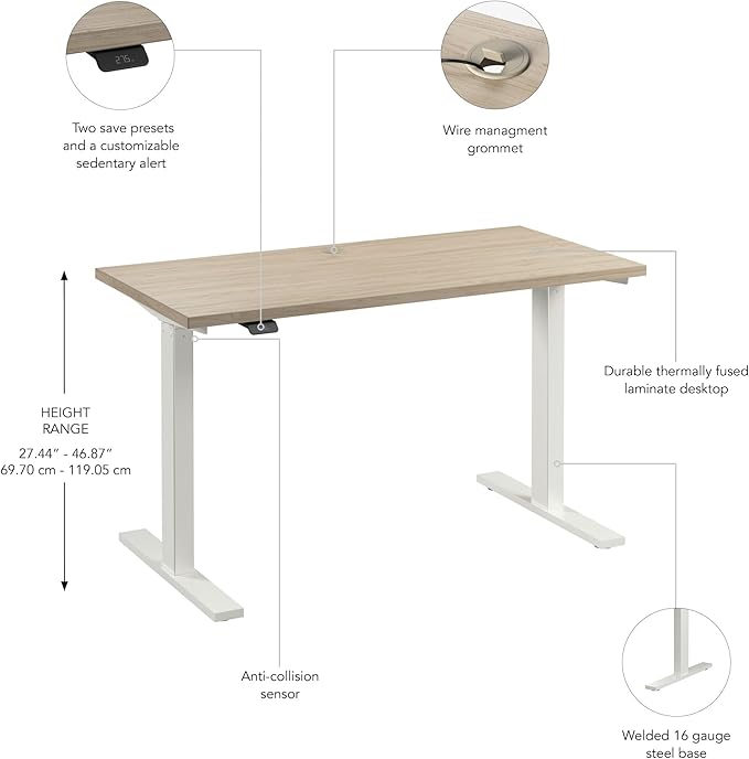 Bush Business Furniture 48-inch Electric Height Adjustable Standing Desk, Ergonomic Sit-Stand Computer Table for Home and Professional Office, Move 60 Series, Natural Elm with White Base