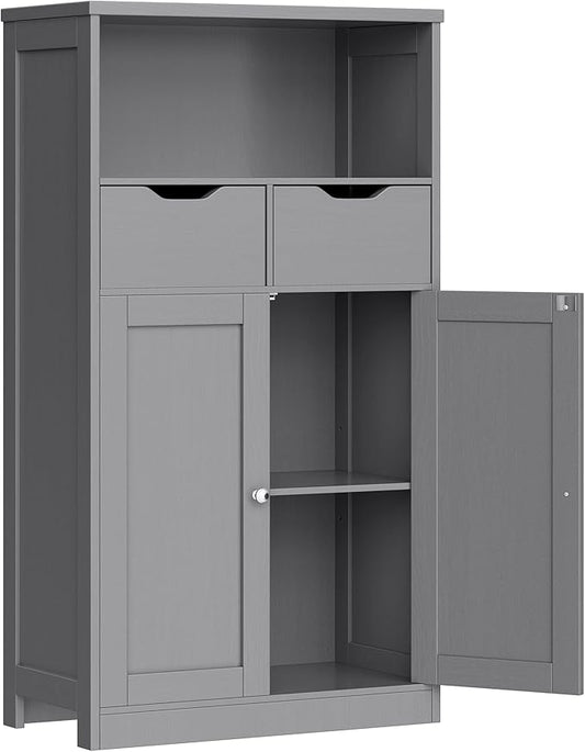 Vongrasig Bathroom Storage Cabinet, Farmhouse Freestanding Pantry Cabinet with 2 Drawers and Shelves, Wooden Storage Organizer for Bathroom, Living Room, Grey