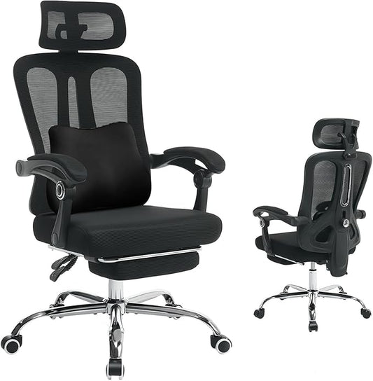 Ergonomic Office Chair, Adjustable Headrest and Lumbar Support, Retractable Footrest, HomeOffice Computer Executive Desk and Chair with Wheels for Home Office,Black with Pillow