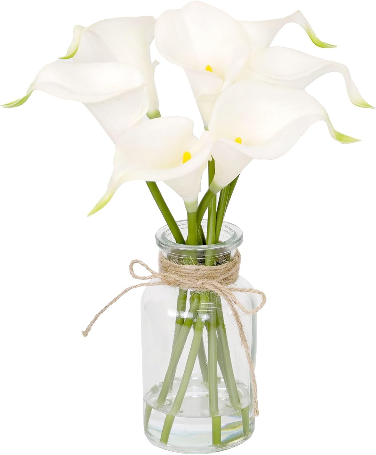 Artificial Flowers Calla Lily in Glass Vase with Faux Water,7Pcs Artificial Flower Real Touch Latex Flowers for Centerpiece Table Decorations Counter Decor(White Calla Lily)
