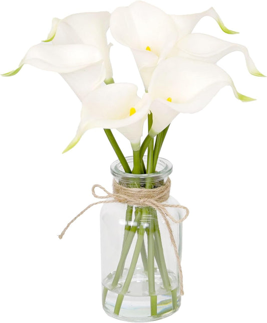 Artificial Flowers Calla Lily in Glass Vase with Faux Water,7Pcs Artificial Flower Real Touch Latex Flowers for Centerpiece Table Decorations Counter Decor(White Calla Lily)