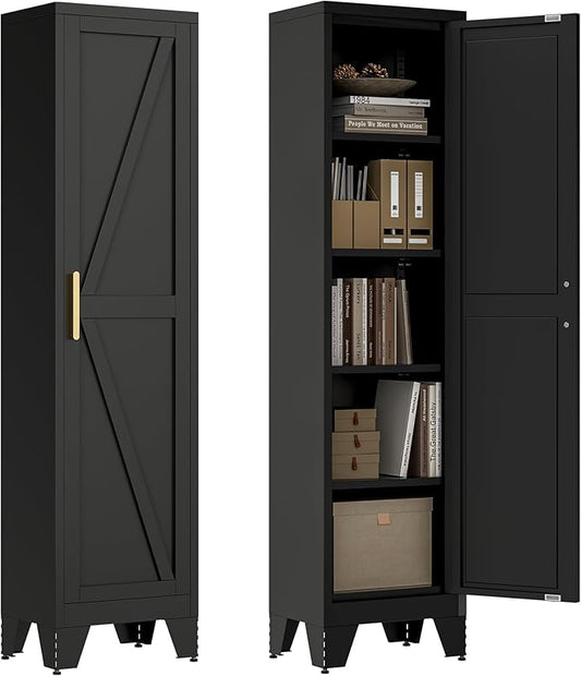 67''Farmhouse Metal Storage Cabinet with Barn Doors,Steel File Cabinet for Home Office,Kitchen Pantry 4 Adjustable Shelves,Freestanding Cupboard for Kitchen,HomeOffice (Black)