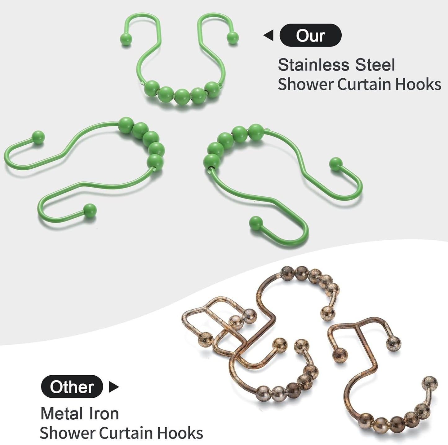 Goowin Shower Curtain Hooks, 12 Pcs Shower Curtain Rings, Stainless Steel Shower Curtain Hooks Rings Rust Proof, Smooth Sliding Anti-Drop Double Shower Hooks for Shower Curtain, Rods (Green)