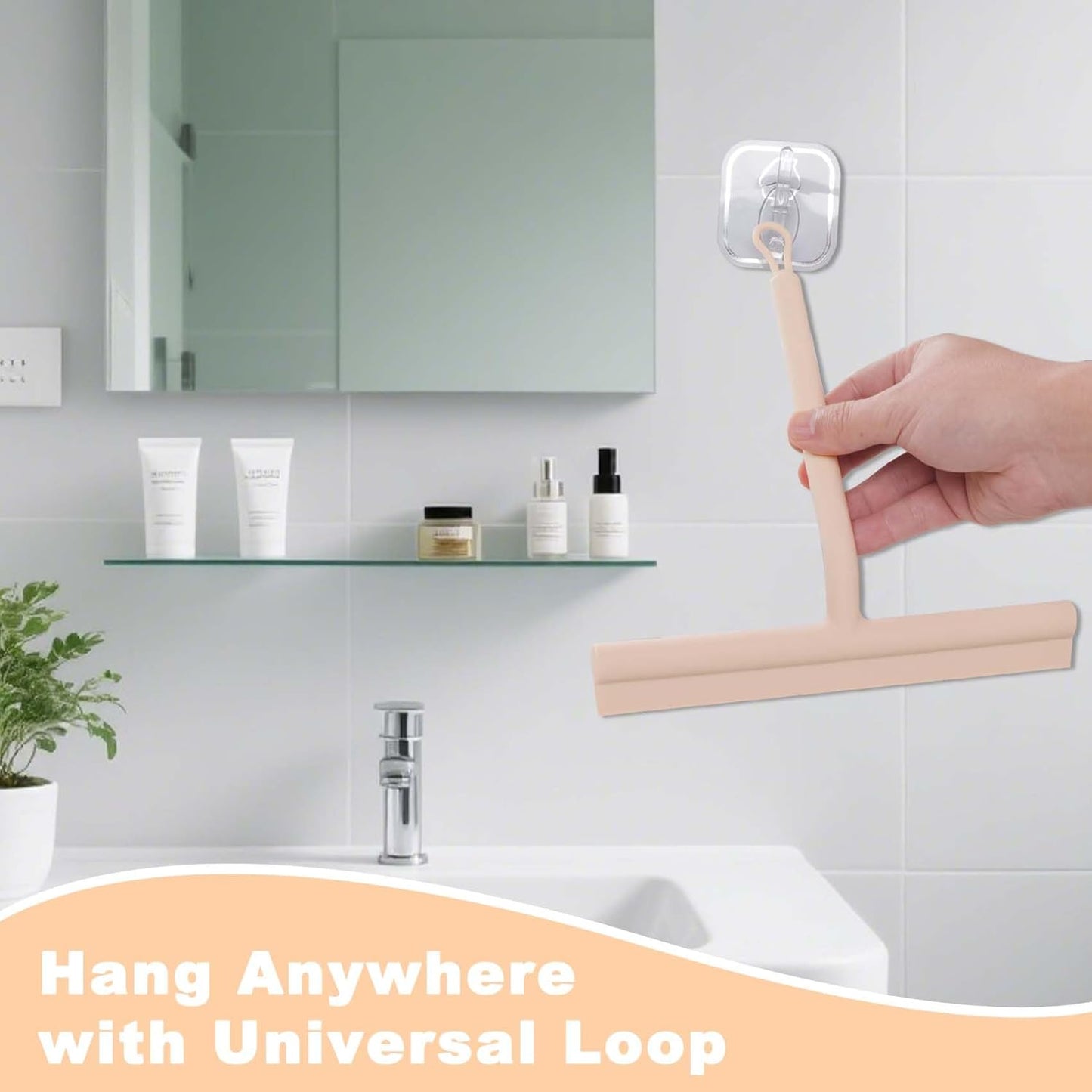 Squeegee for Shower Glass Doors, Resilient Loop - No-Drill & Adhesive Hook, Silicone Shower Squeegee with Stainless Steel Core, Cleaning Tool for Home, Kitchen, Bathroom & Car - Beige