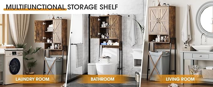 Over The Toilet Storage Cabinet with 2-Door Design Bathroom Organizers and Storage with Anti-Tip Device Over Toilet Organizer with Shelves for Bathroom,Restroom,Laundry Brown