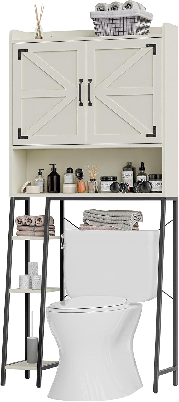 Vabches Over The Toilet Storage Cabinet, Farmhouse Storage Cabinet Over Toilet with 2 Barn Door & Toilet Paper Holder Stand，Home Space-Saving Toilet Rack, for Bathroom, Restroom, Laundry