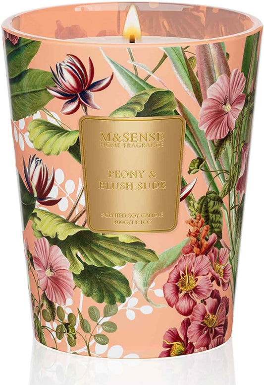 M&SENSE Peony Blush Sude Scented Natural Soy Wax Candle, 14.1oz 60 Hours Long Lasting Slow Burning Candles for Home Decor, Aromatherapy Candle for Stress Relief