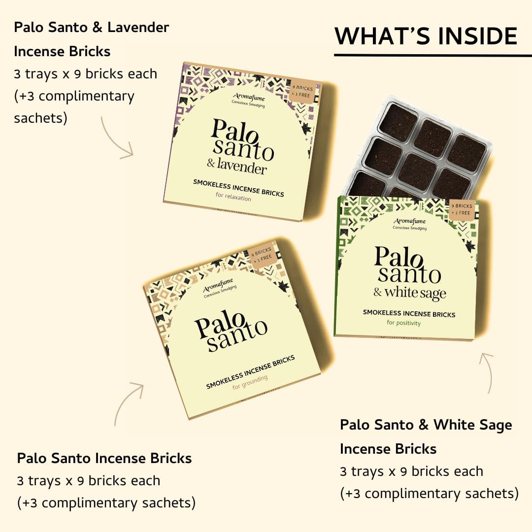 Palo Santo, Palo Santo + White Sage & Palo Santo + Lavender Smokeless Incense Bricks Refill | 3x9 Bricks | Aromatherapy | Smudging | Essential Oils | Air fresheners for Home | Meditation Accessories